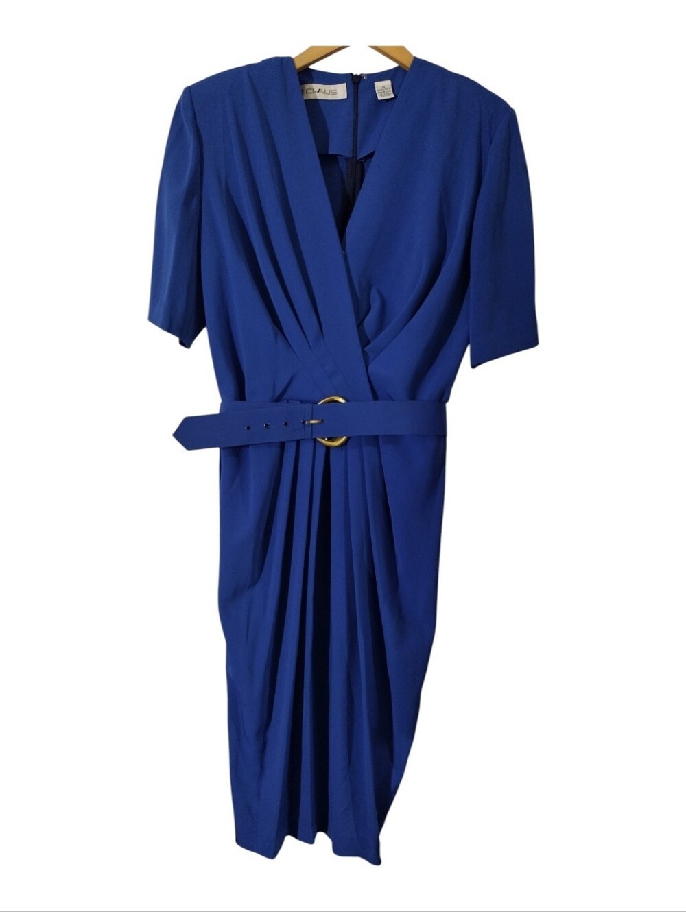 Vintage Draped Cobalt Blue Midi Dress with Belt